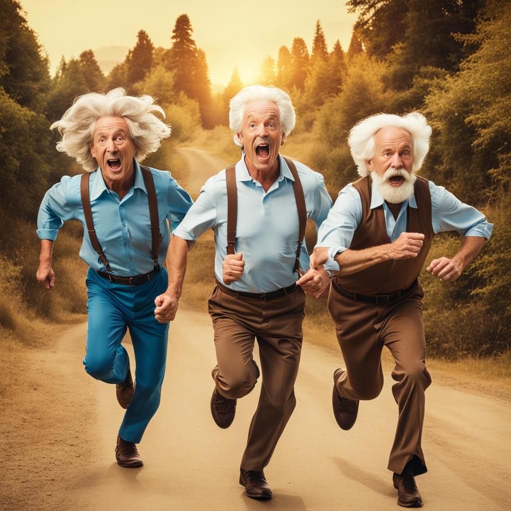 Three Old Men Colliding with Wigged Boy