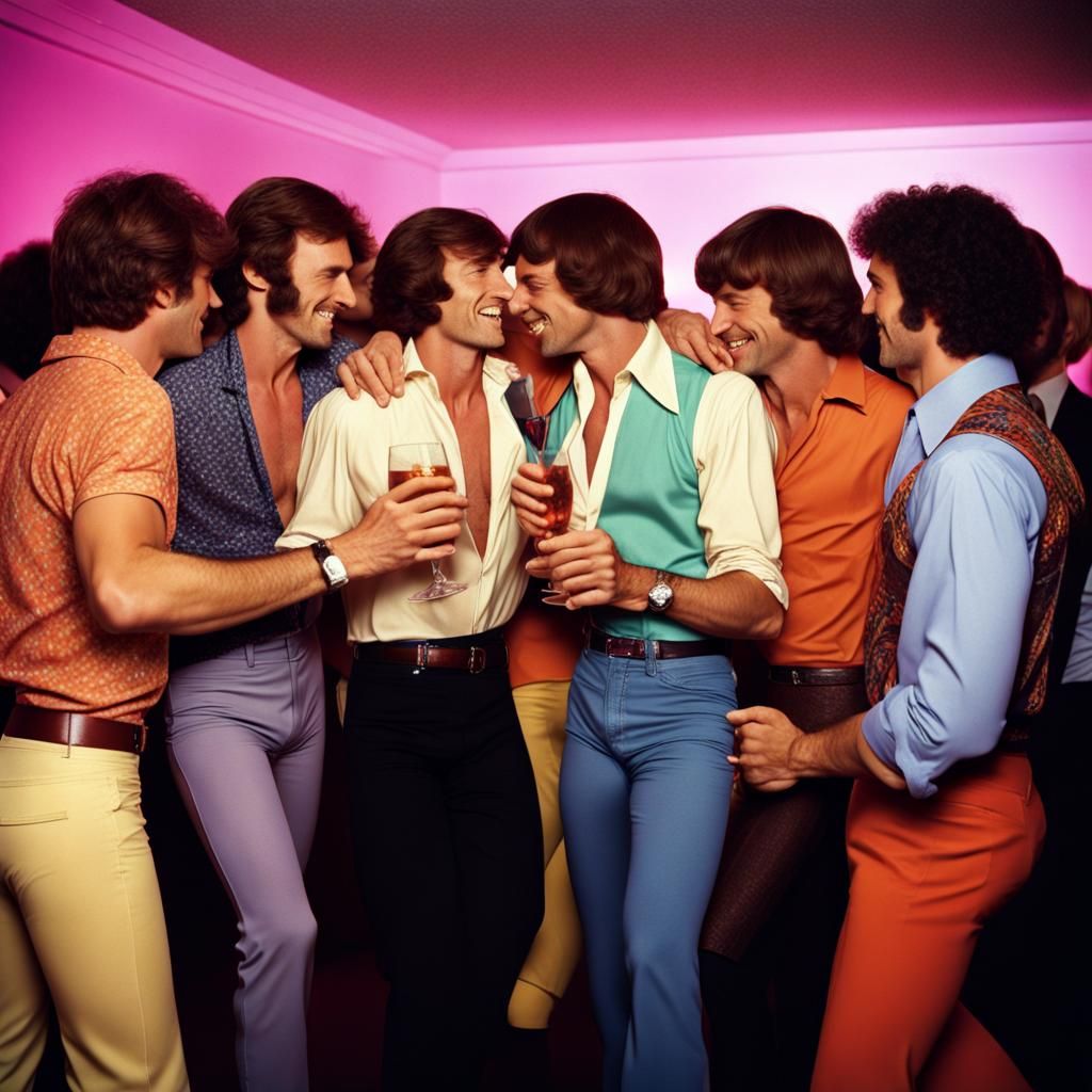 gay male couples  having fun dancing and drinking alcoholic beverages at studio 54 during the 1970s.