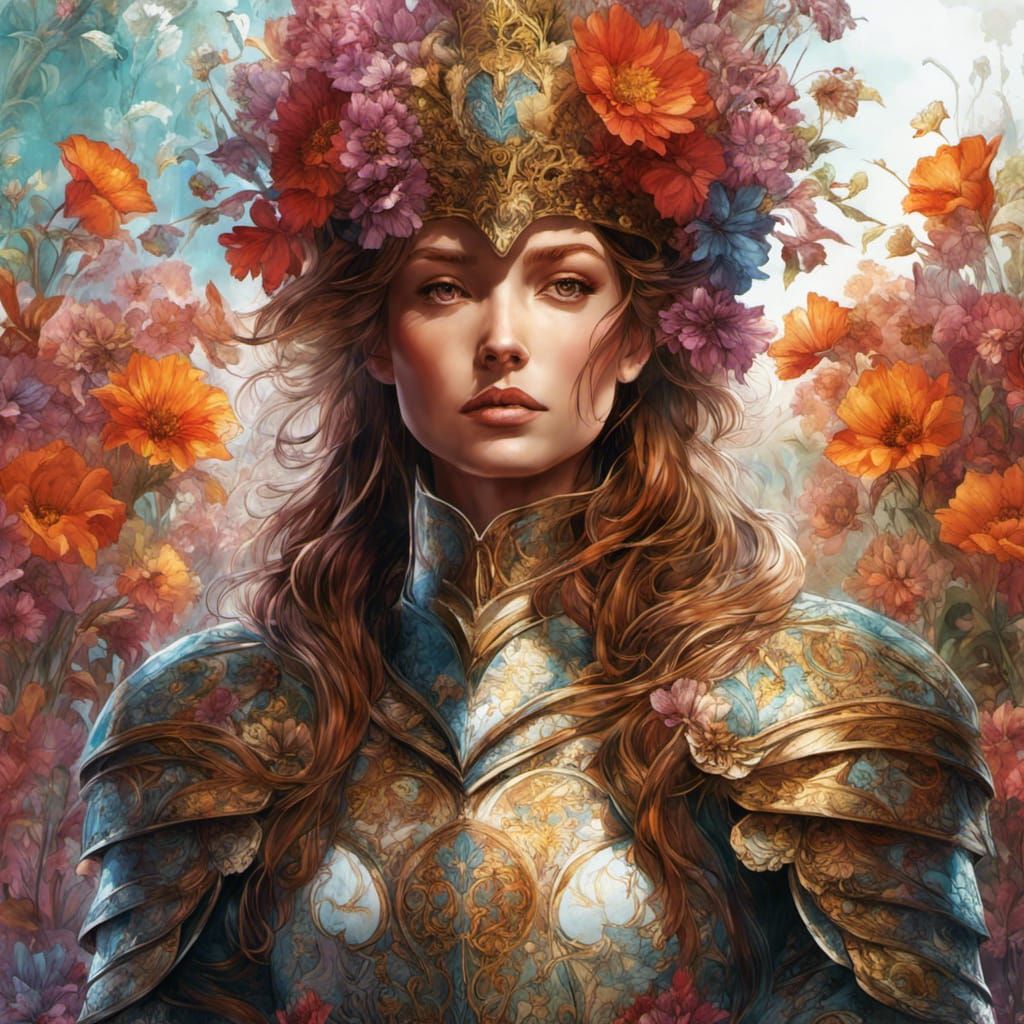 Floral Knight in Radiant Armor: Digital Artistry