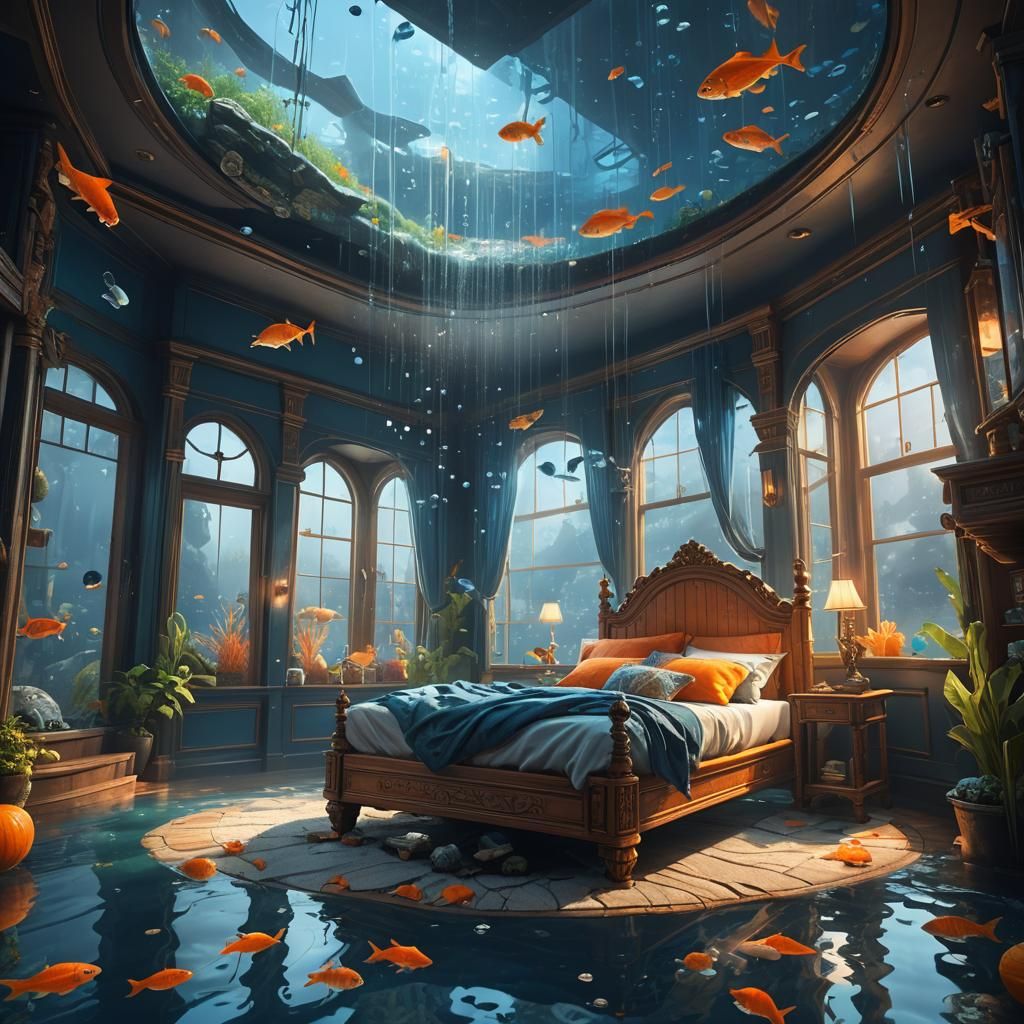 Surreal Room with Floating Bed and Aquarium