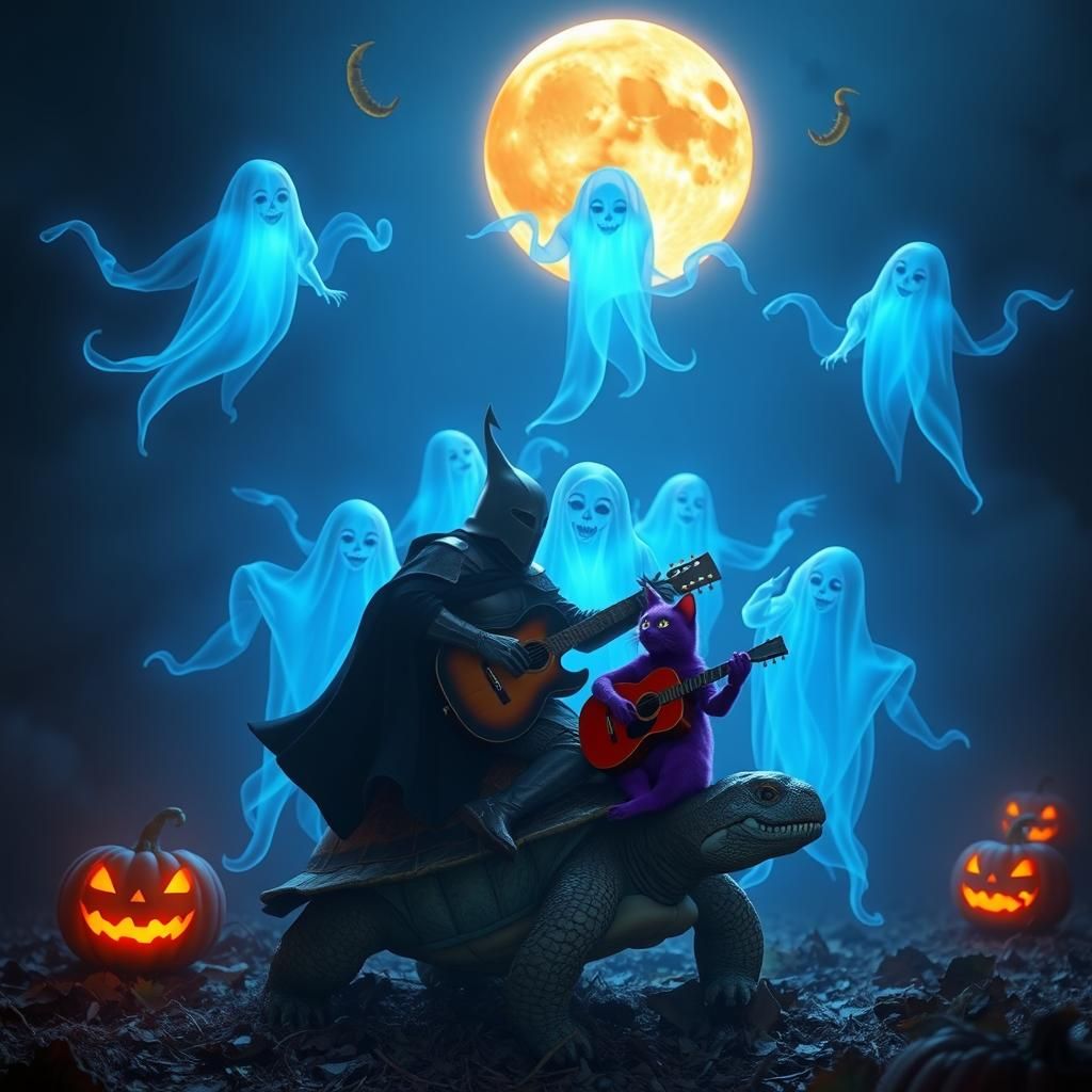 Halloween Ghosts, Knight and Cat Under Orange Moon