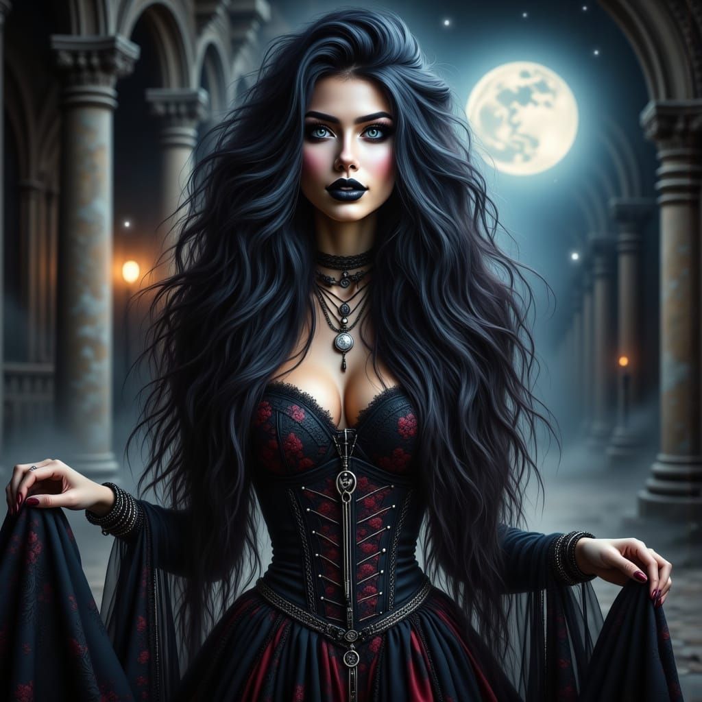 Ethereal Gothic Beauty in Moonlit Scene