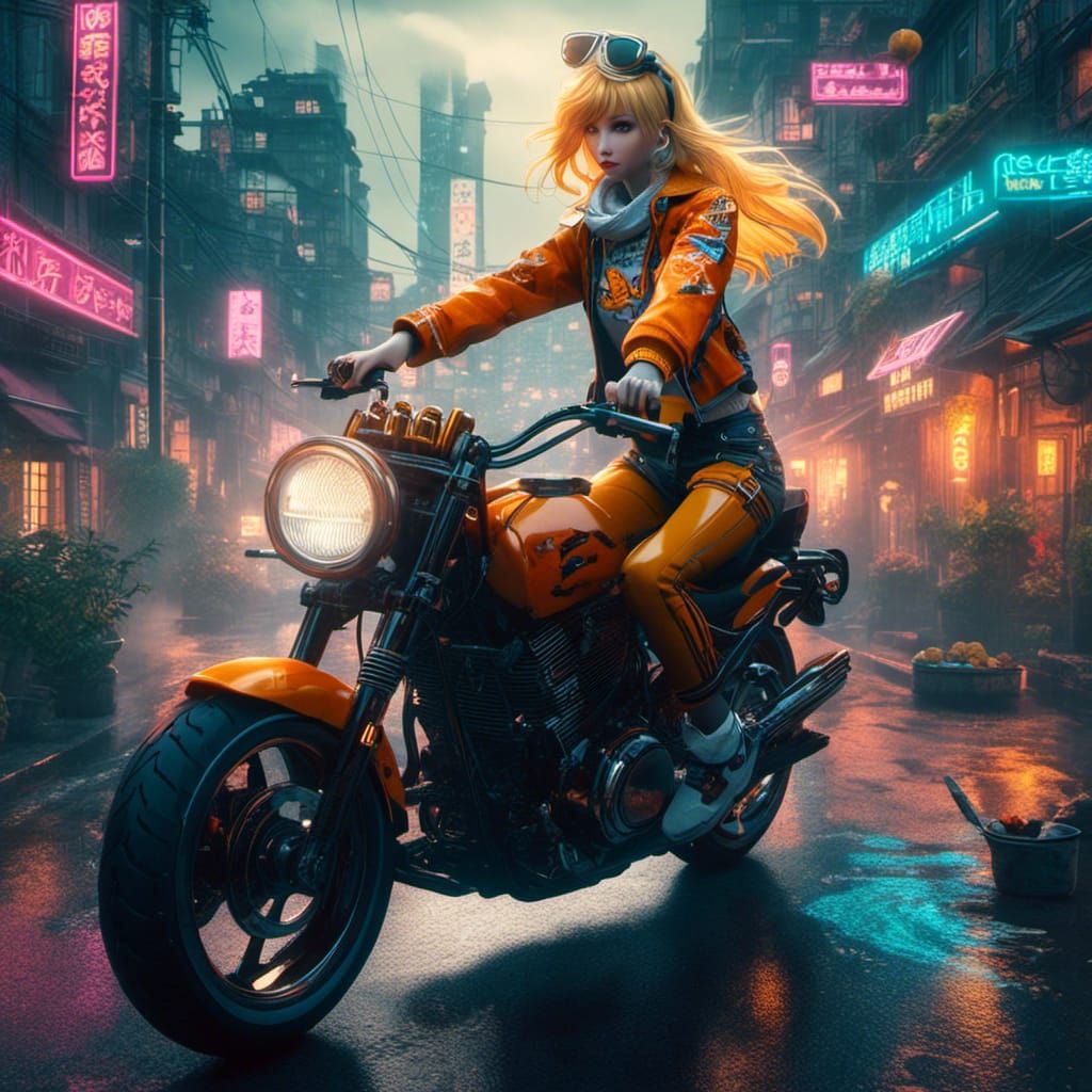 <lora:Japanese Cyberpunk:1.0> Sailor Venus Riding a Motorcyc...