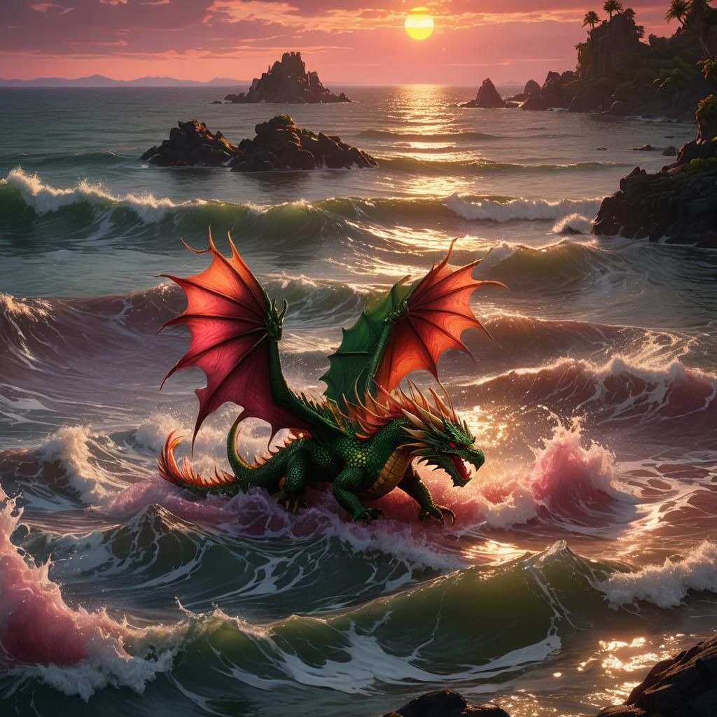 Green Dragon Phoenix Sunset in Detailed Matte Painting