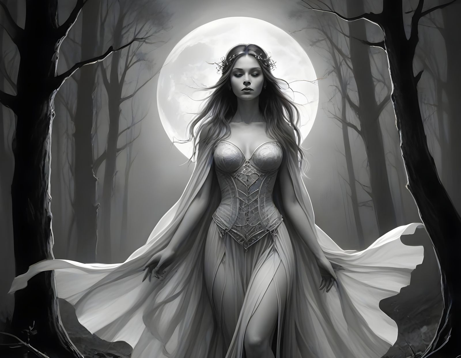 Moonlit Norse Goddess in Charcoal Sketch Style