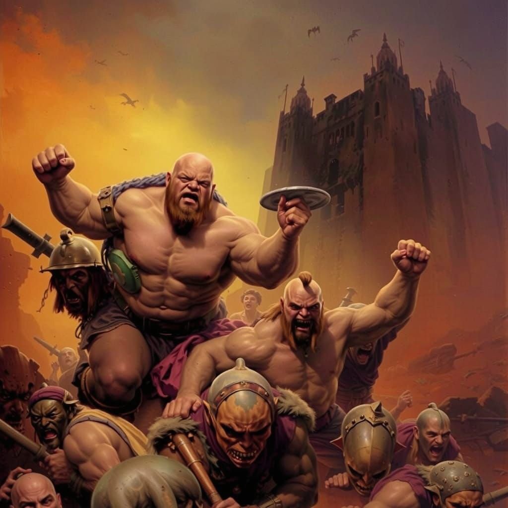 Frazetta-Style Half-Giants Charge in Epic Fantasy Oil Painti...