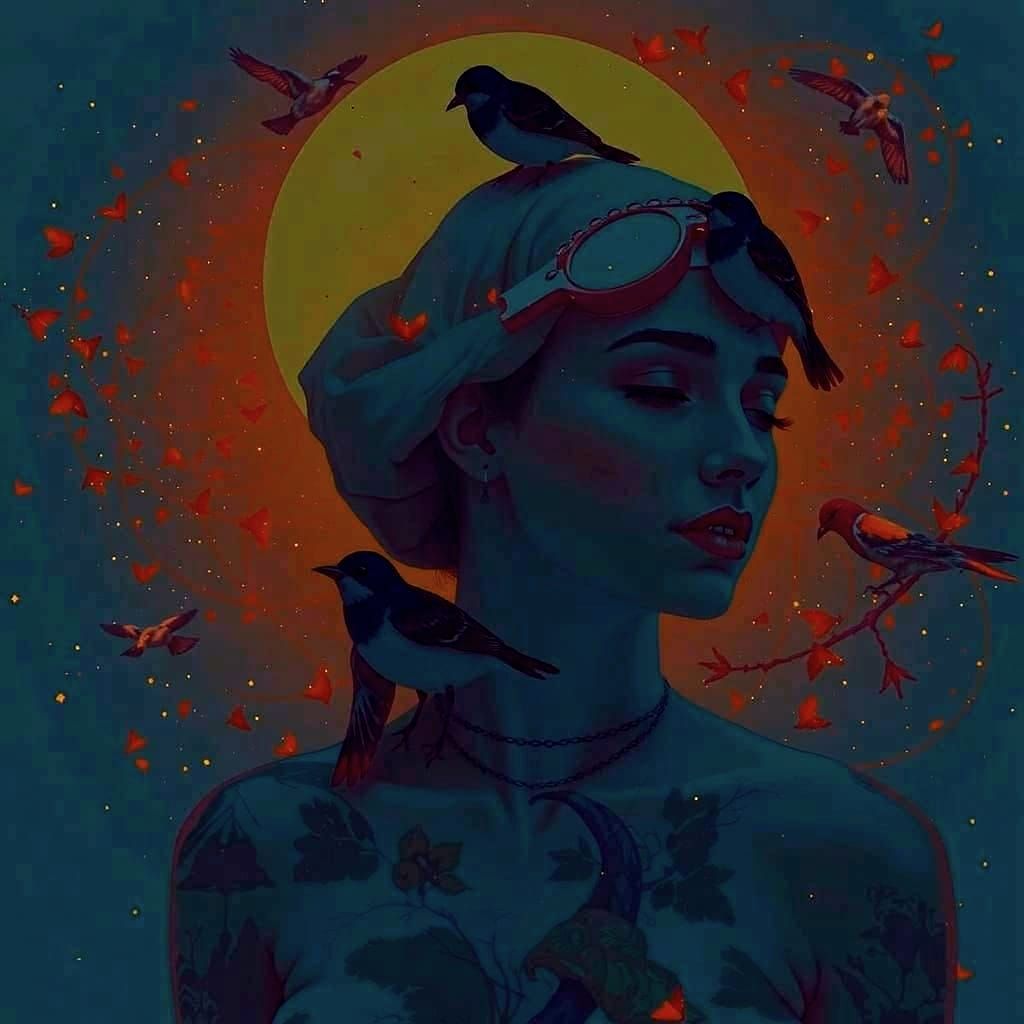 Woman Merging With Nature and Birds in Dreamlike Art