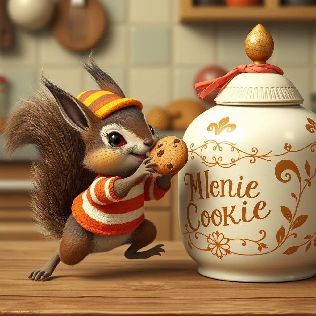 Squirrel's Cookie Heist: Whimsical Anthropomorphic Art