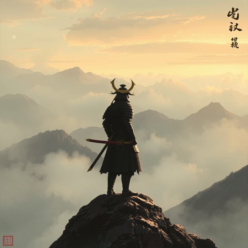 Samurai on Windswept Peak in Japanese Art Style