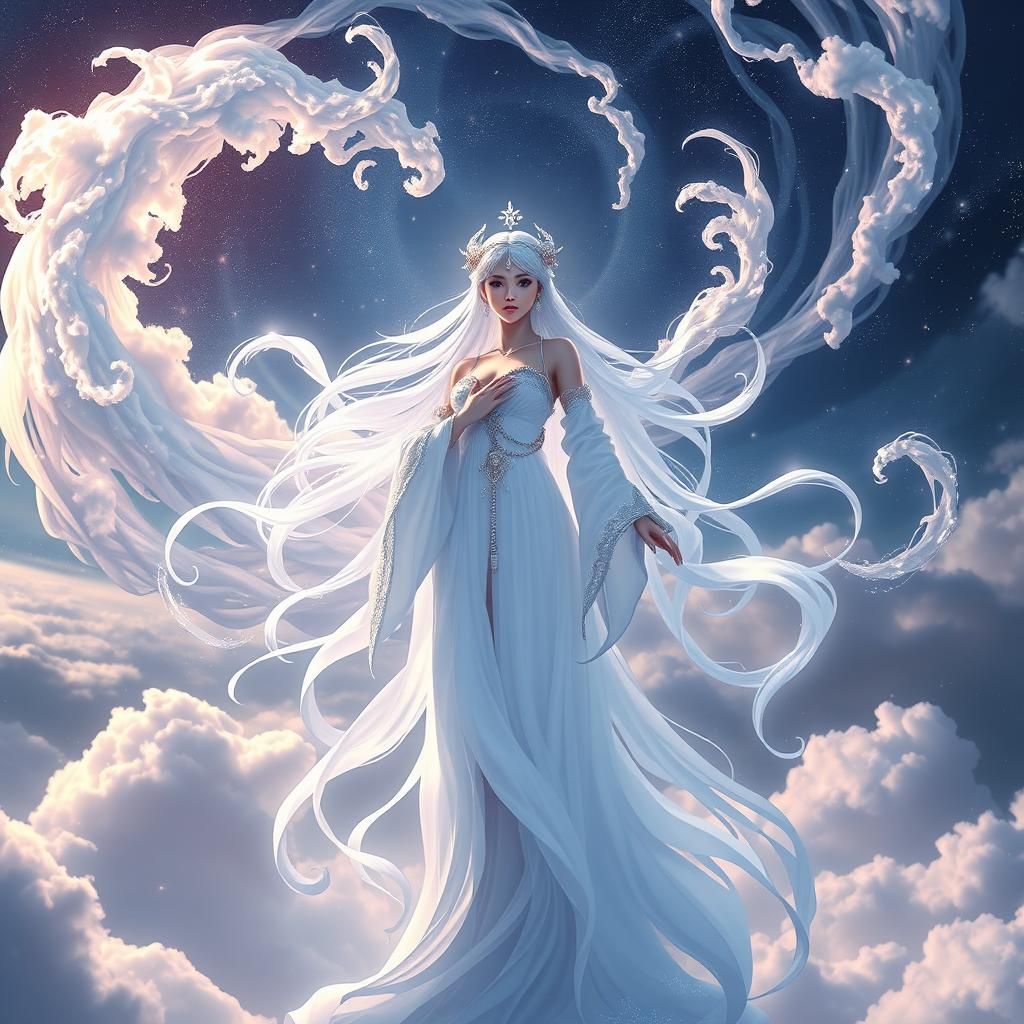 Ethereal Goddess Amidst Celestial Clouds in 3D Anime Art