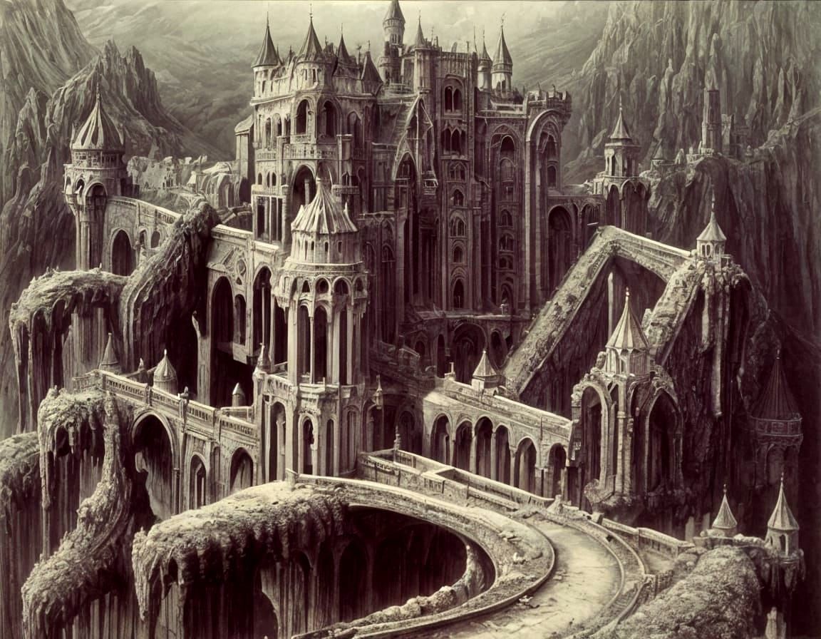 Surreal Castle Landscape in Dark, Intricate Style