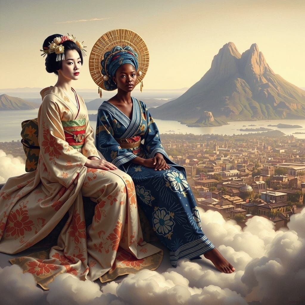 Geisha and Princess Above Beautiful Mountain Town