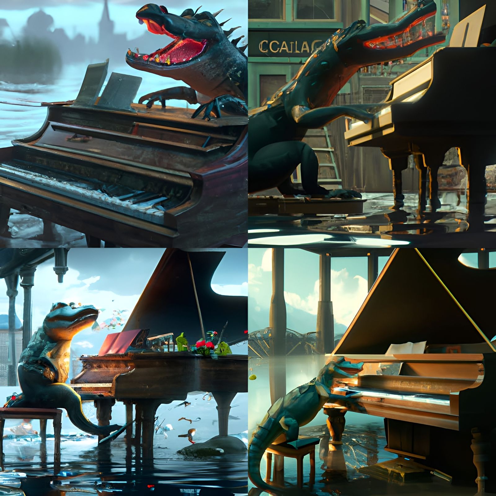 Crocodile's Piano Serenade: Detailed Fantasy Art