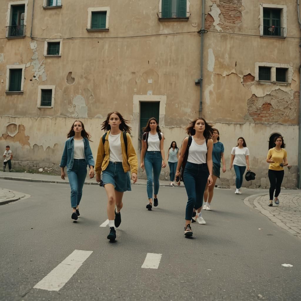 Interracial Teens Follow Arrow in City, Cinematic Style