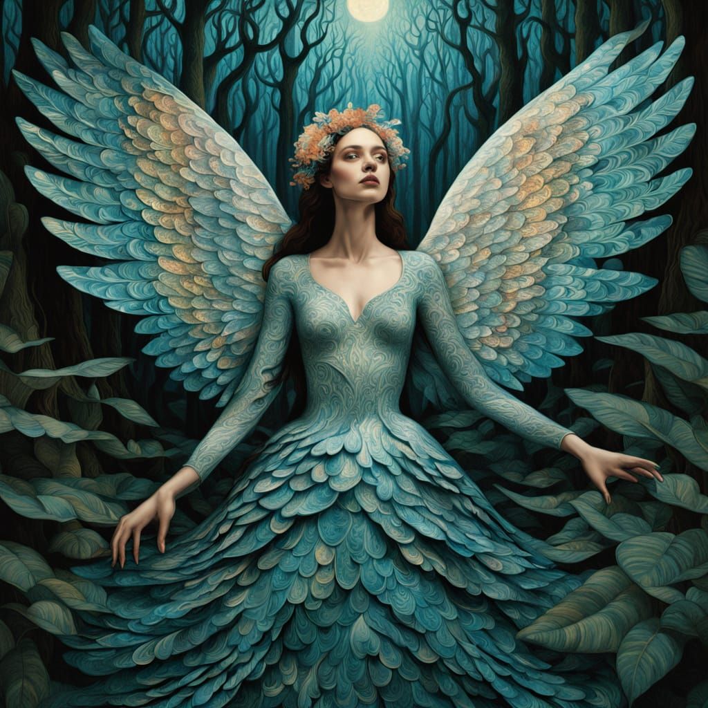 Surreal Goddess Rises in Whimsical Forest of Fibonacci Forms