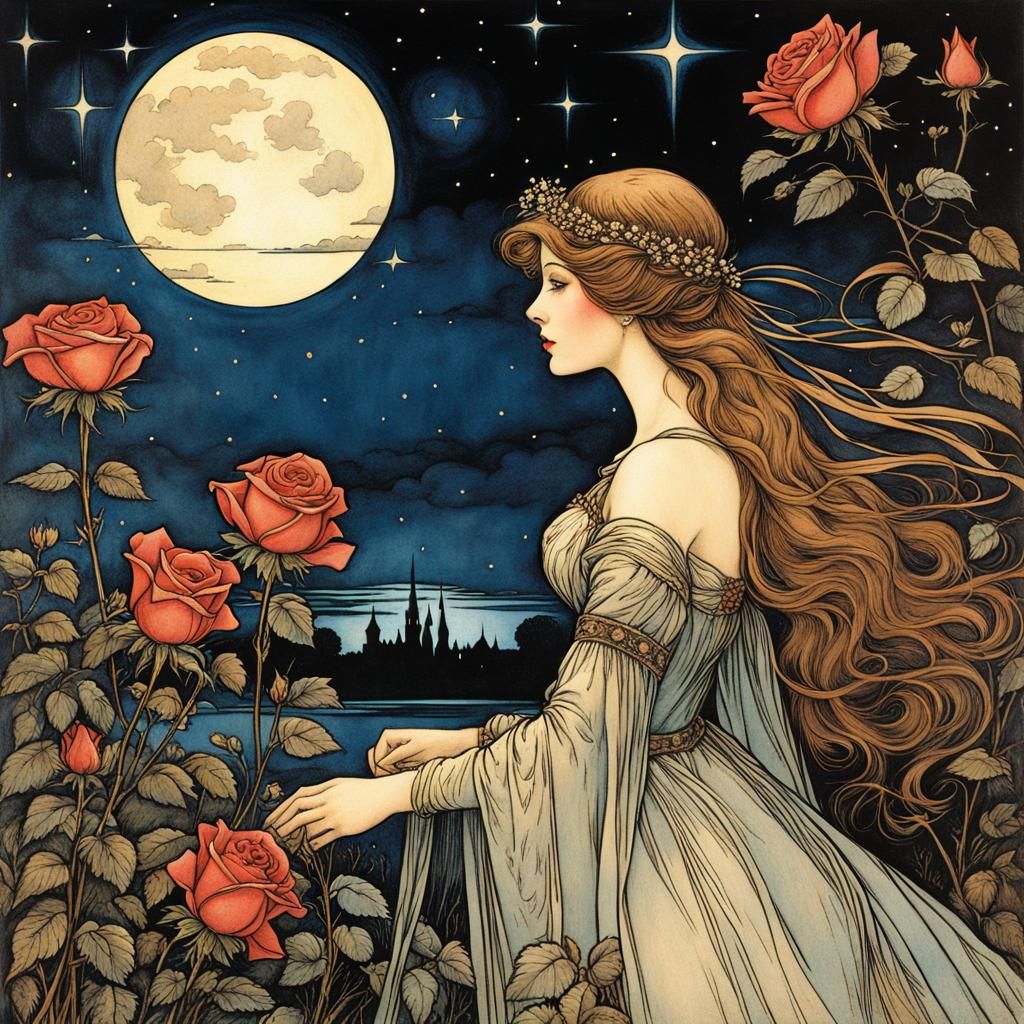 Medieval Maiden in Rose Garden: Arthur Rackham Style