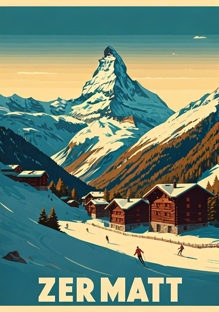 Zermatt, Switzerland: Vintage Travel Poster in Art Deco Styl...