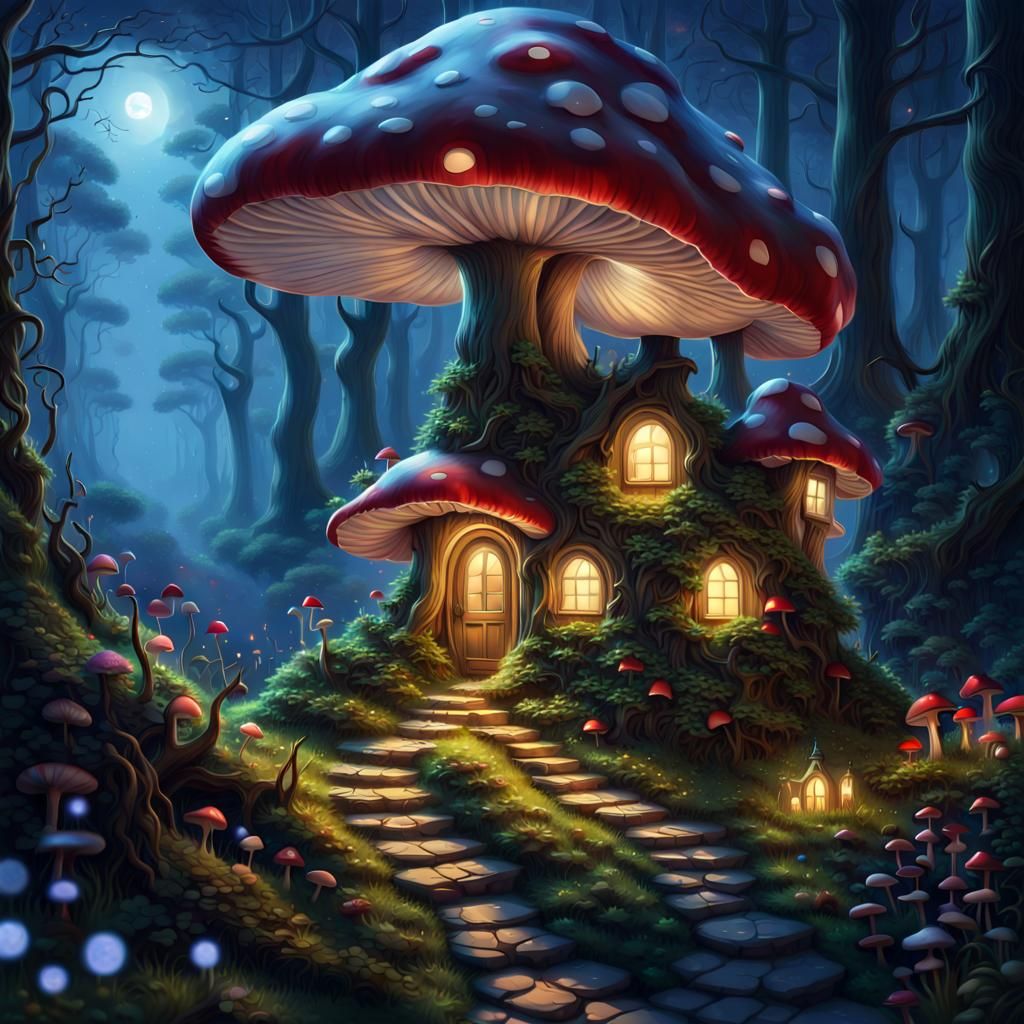 Magical Forest Village at Night, Fantasy Art