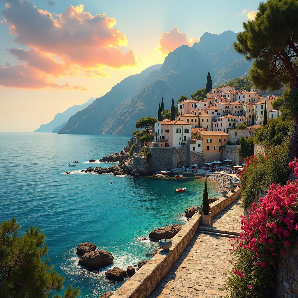 Mediterranean Coastal Village at Sunset in Warm Hues