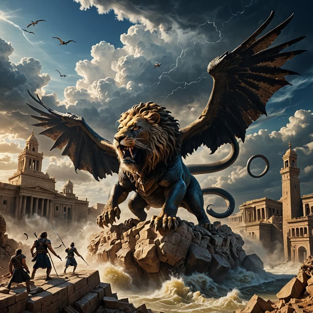 Winged Lion-Snake Monster Flies Above Great Flood