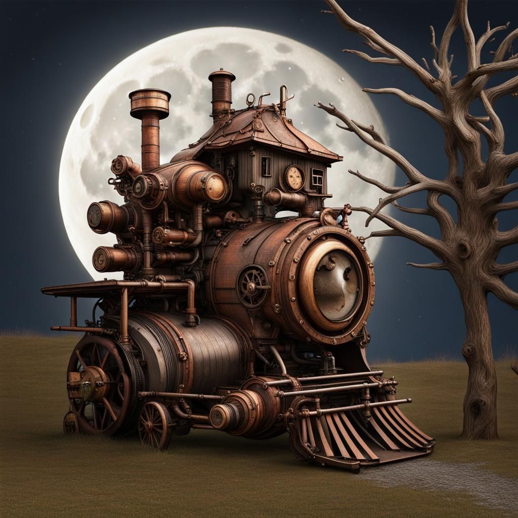 Steampunk Barn on Branch Under Moon