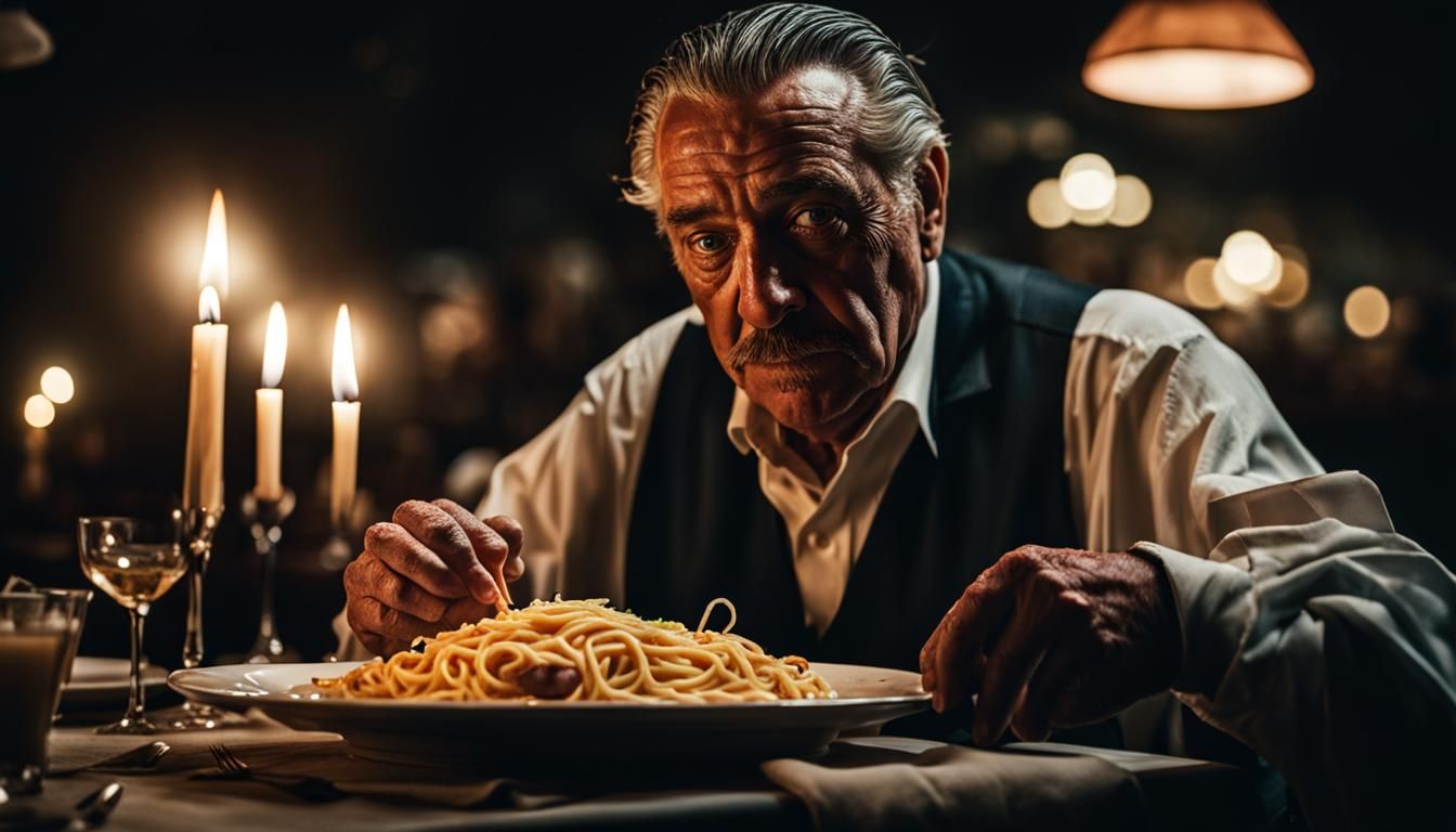 Mob Boss Enjoying Spaghetti in Italian Restaurant