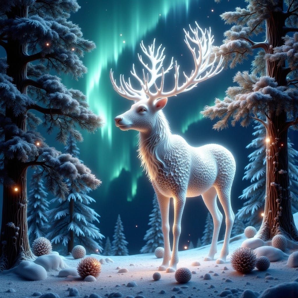 Snowflake Reindeer Under Northern Lights