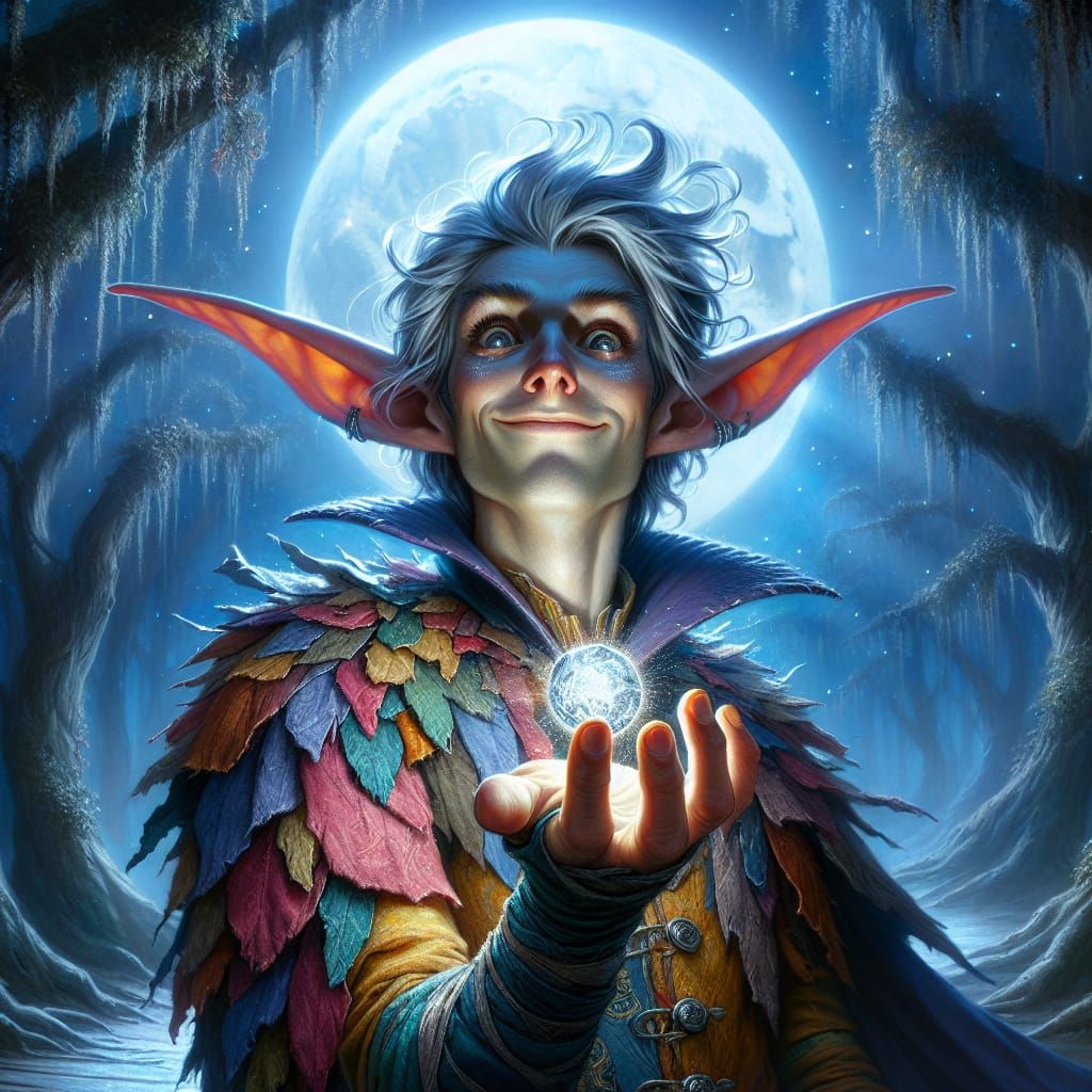 Mischievous Elf with Stolen Gem in Moonlit Forest