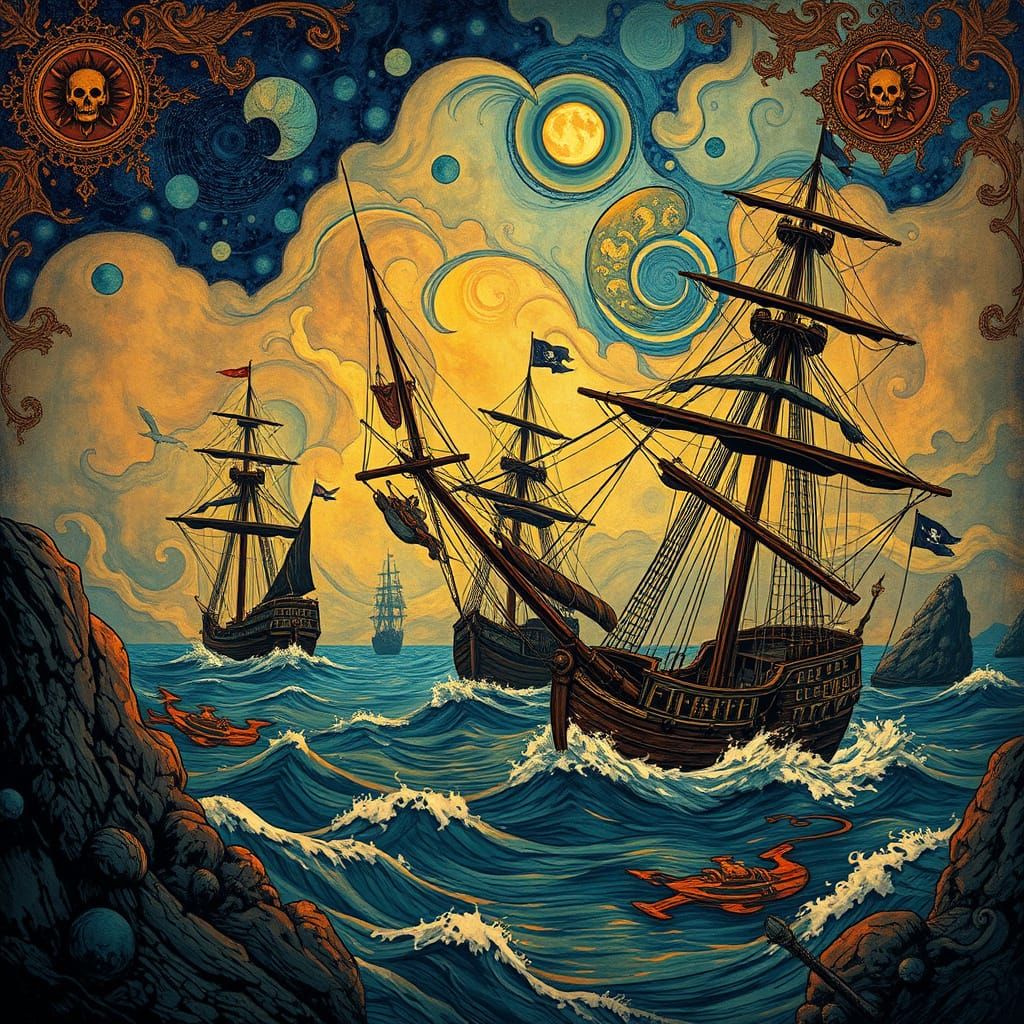 Surreal Pirate Ships in a Hyperrealistic, Dark Academia-Insp...