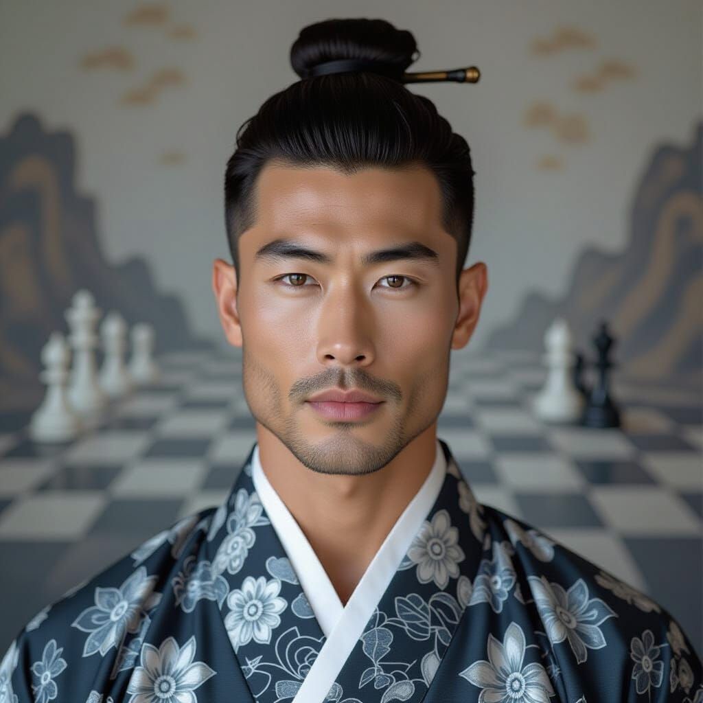 Serene Portrait of Asian Man in Black and White Photorealism