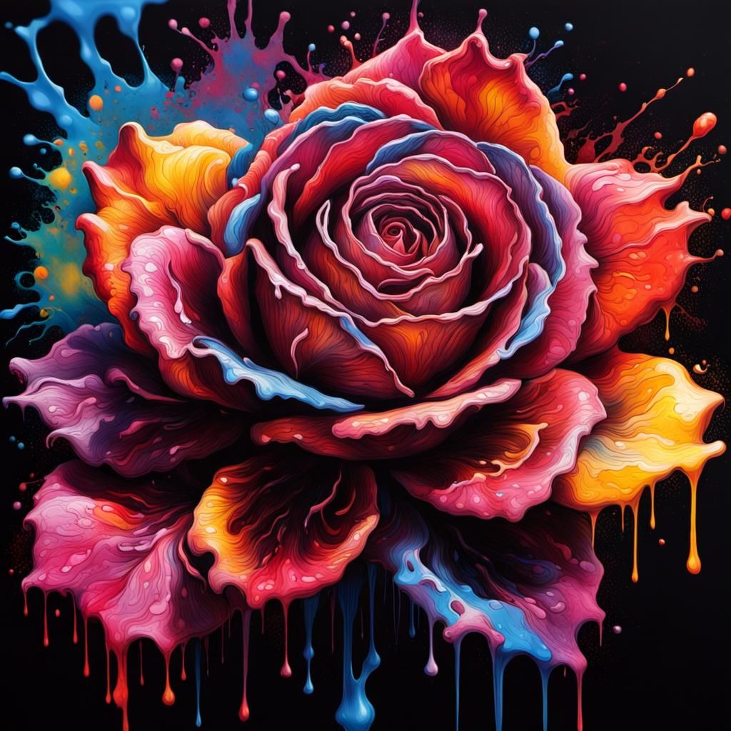 Vibrant Oriental Rose Ink Sketch with Splatter Art