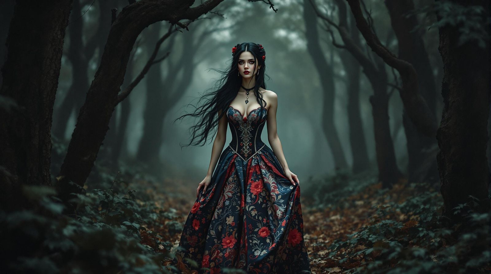 Victorian Dark Fantasy Princess in Mysterious Forest