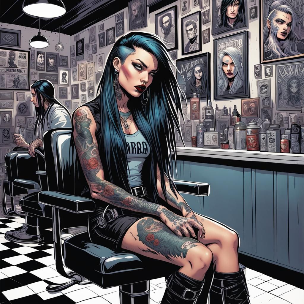 Punk Gothic Girl in Barbershop, Comic Book Art