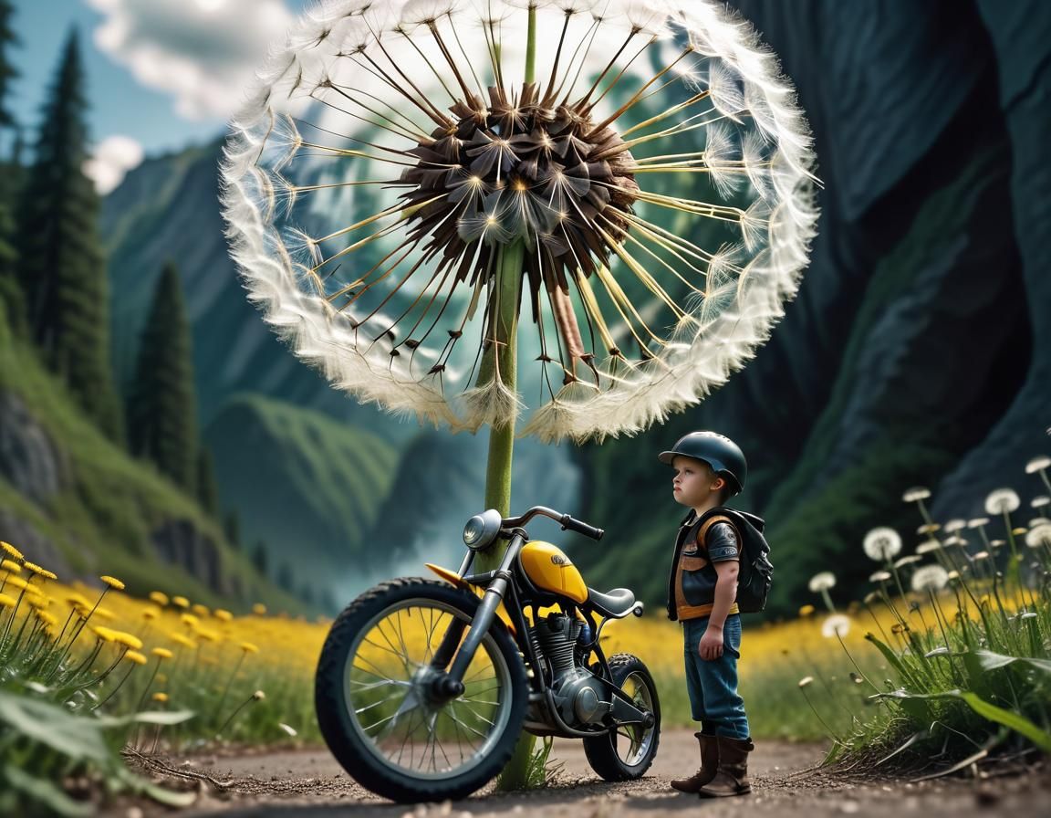 Tiny Biker Under Giant Dandelion: Cinematic Still
