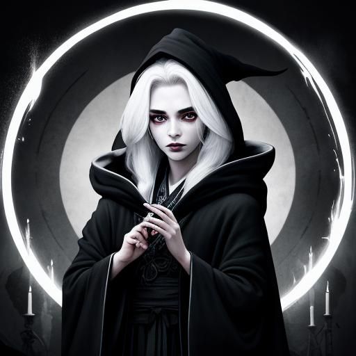 Female Necromancer Wizard in Black and White Robe