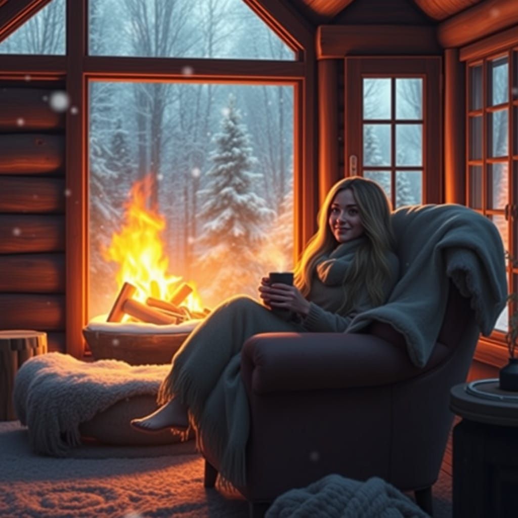Warm Winter Cabin Scene with Soft Lighting and Gentle Snowfa...