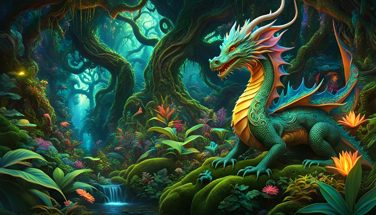 Psychedelic Jungle Dragon in High Fantasy Style