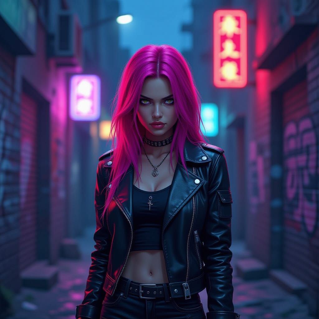 Punk Rock Girl in Neon Alleyway