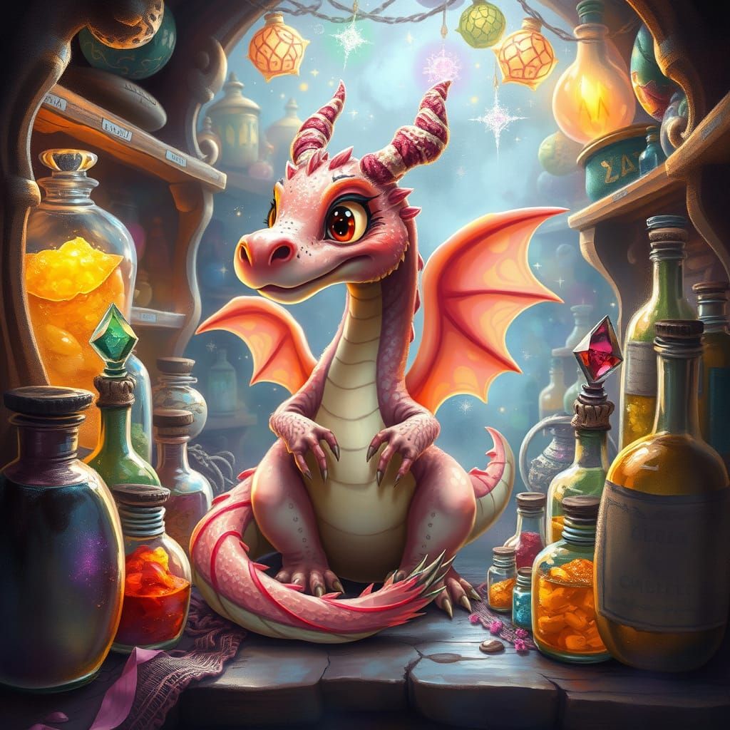 Whimsical Candy Dragon in a Fantastical Potion Shop