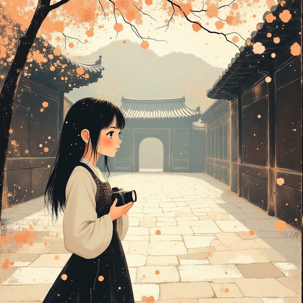 Anime Girl with Camera in Sun-Dappled Courtyard
