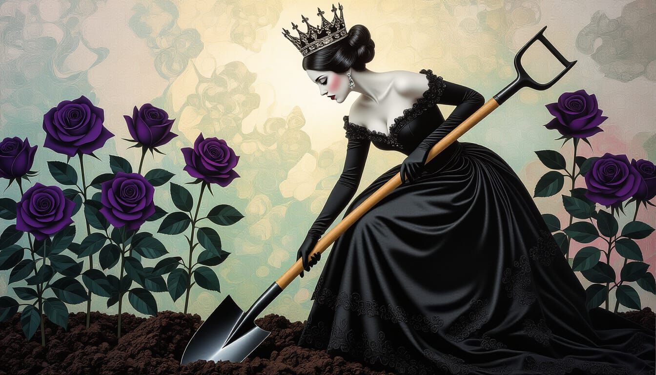 Gothic Lady in Black Dress with Crown Digging Black Roses