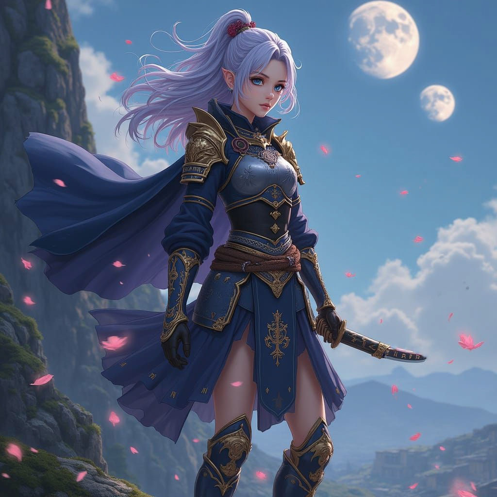 Elegant Samurai Maiden Under Twin Moons