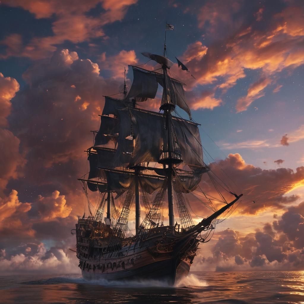 Astral Pirate Ship Soaring Through Sunset Clouds