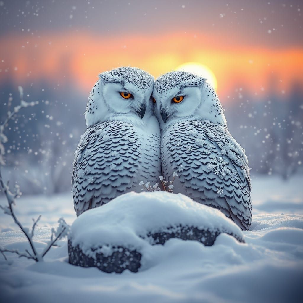 Surreal Snowy Owls Scenic Winter Scene in Hyper-Realistic St...