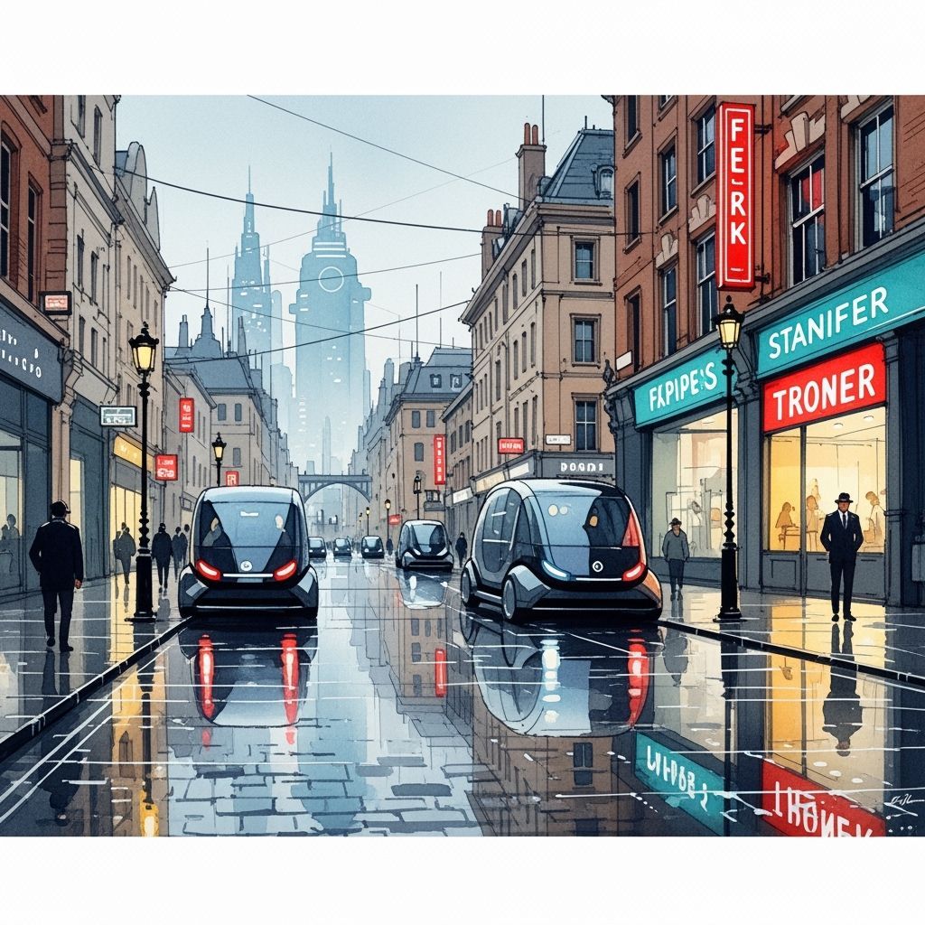 Watercolor of Futuristic London Street Scene