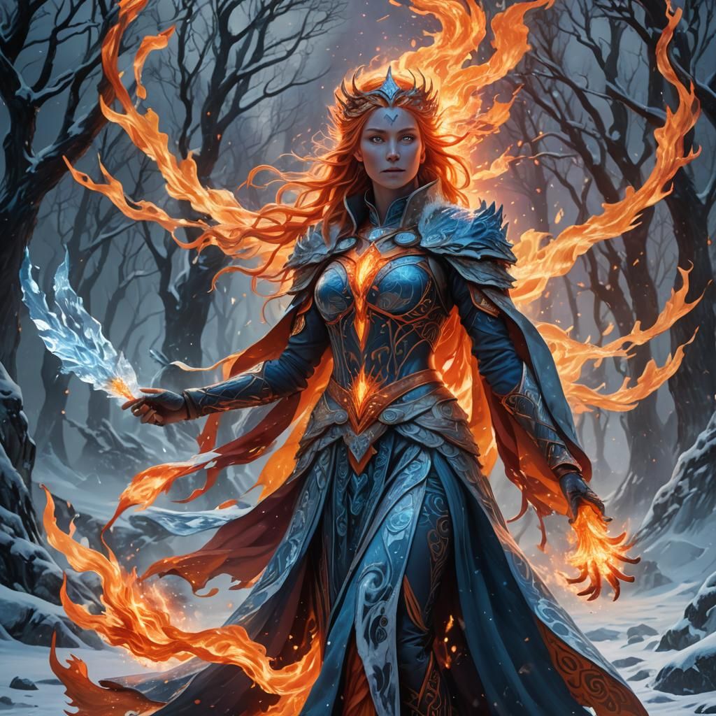 Goddess of Ice and Fire in Art Nouveau Style