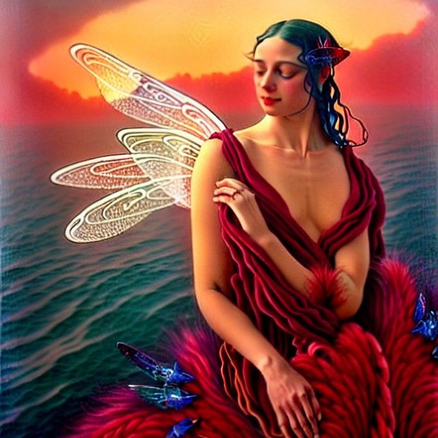 Woman with Dragonfly Wings in Emerald Ocean Sunset