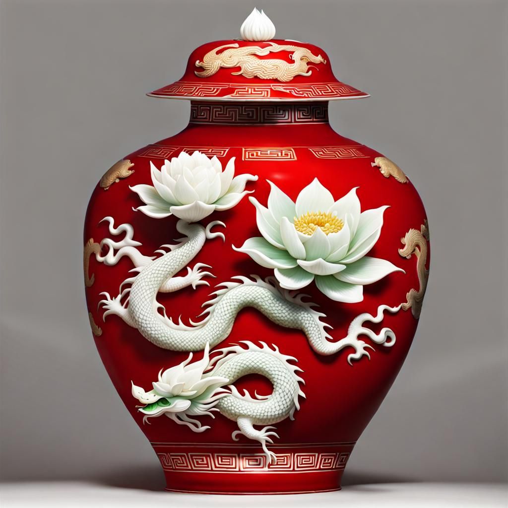 Jade Dragon and Lotus in Porcelain Vase