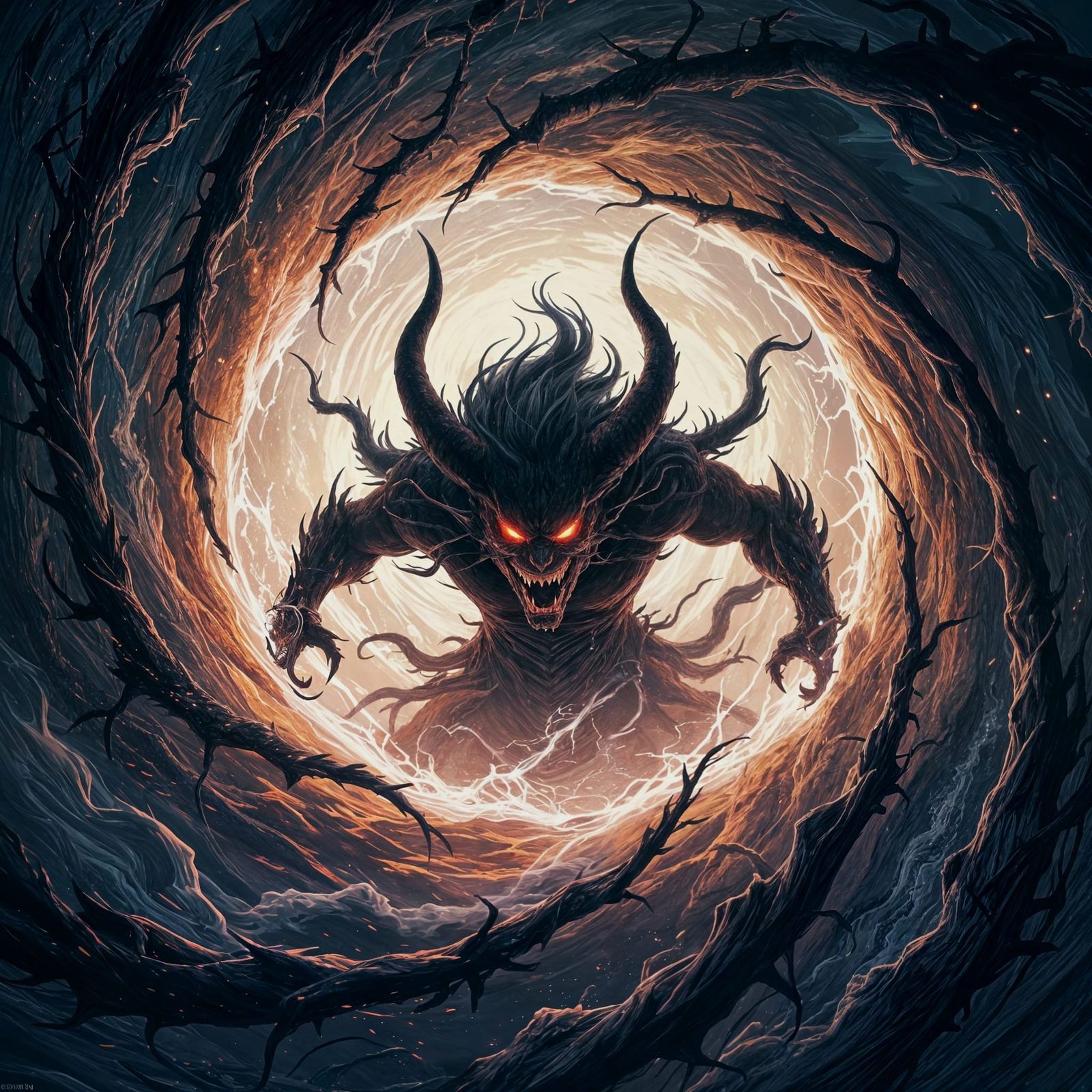 Fierce Demon Emerges from Vortex in Manga Art Style