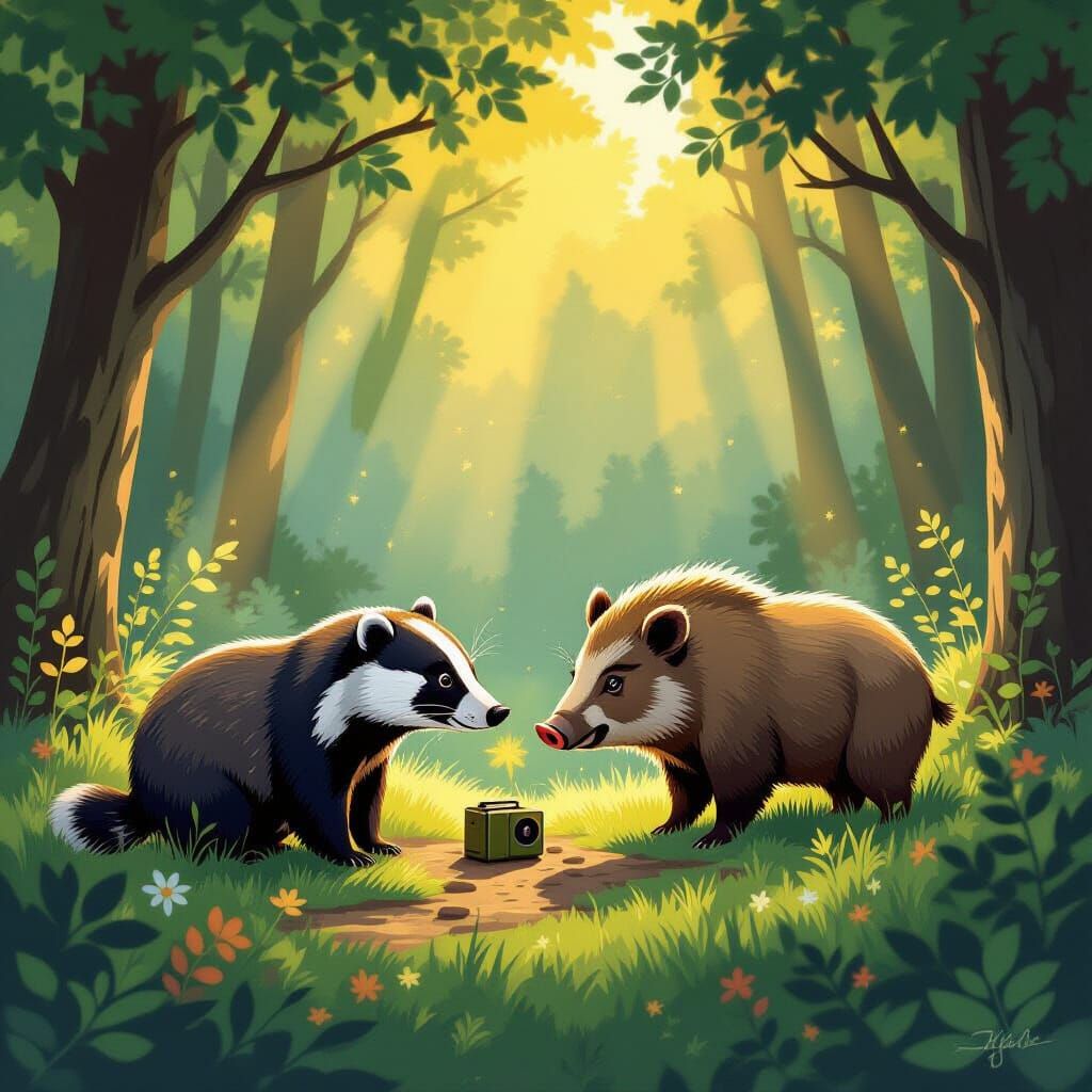 Curious Badger and Boar Explore Forest Trail Camera